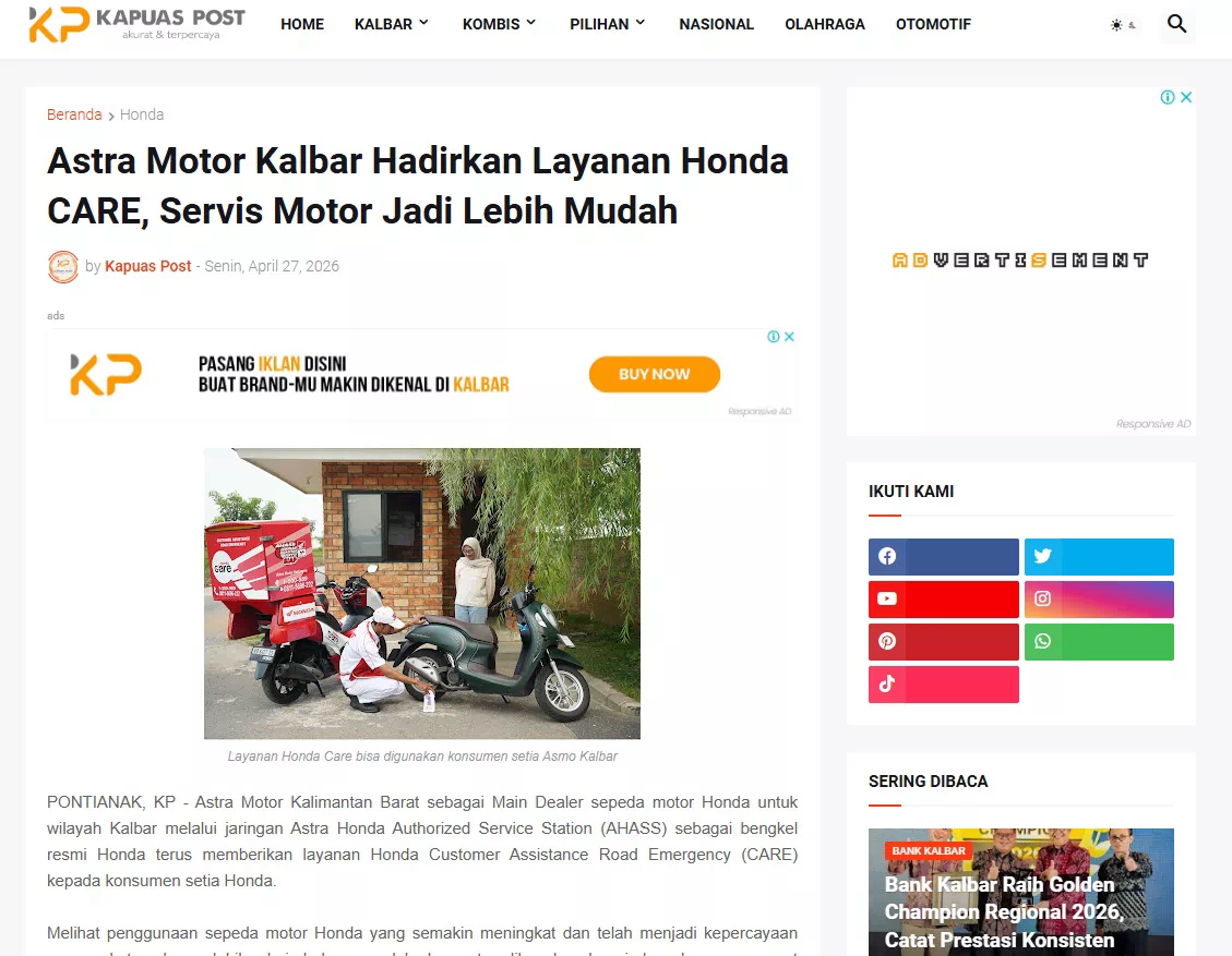 Astra Motor Kalbar Hadirkan Layanan Honda CARE, Servis Motor Jadi Lebih Mudah