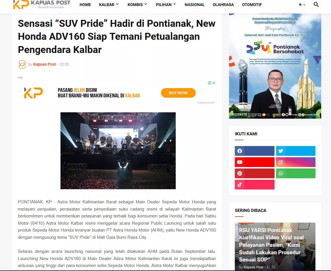 Sensasi “SUV Pride” Hadir di Pontianak, New Honda ADV160 Siap Temani Petualangan Pengendara Kalbar