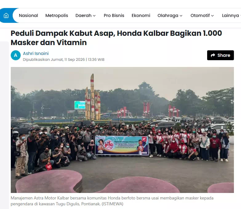 Peduli Dampak Kabut Asap, Honda Kalbar Bagikan 1.000 Masker dan Vitamin