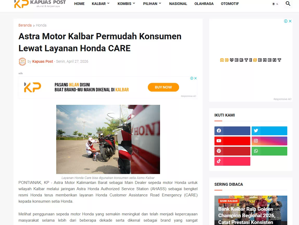 Astra Motor Kalbar Permudah Konsumen Lewat Layanan Honda CARE