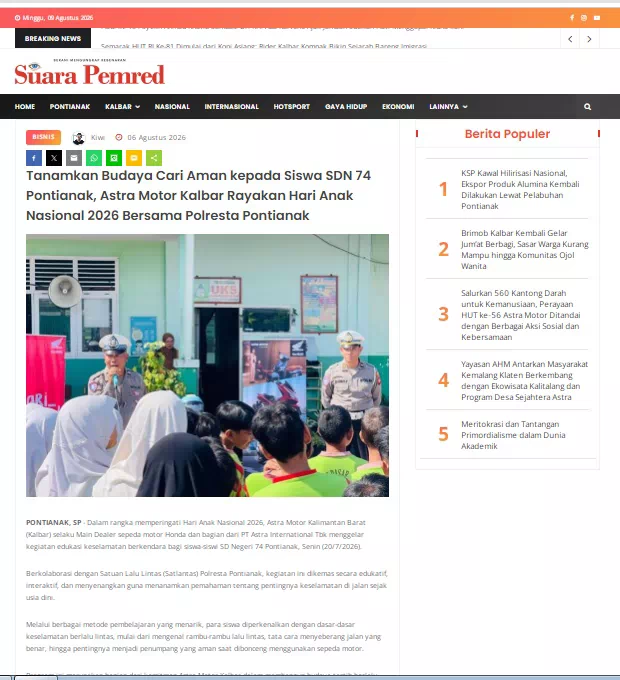 Tanamkan Budaya Cari Aman kepada Siswa SDN 74 Pontianak, Astra Motor Kalbar Rayakan Hari Anak Nasional 2026 Bersama Polresta Pontianak