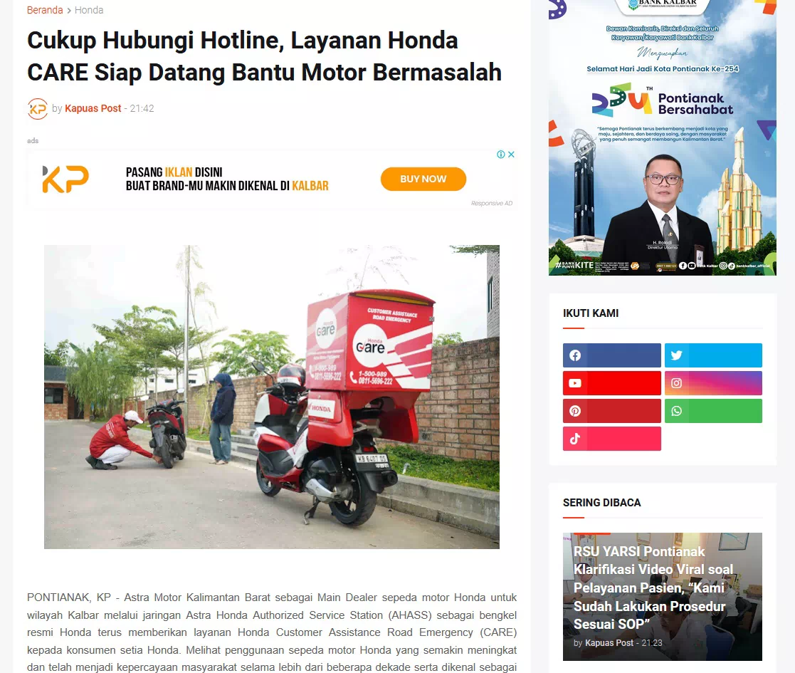 Cukup Hubungi Hotline, Layanan Honda CARE Siap Datang Bantu Motor Bermasalah