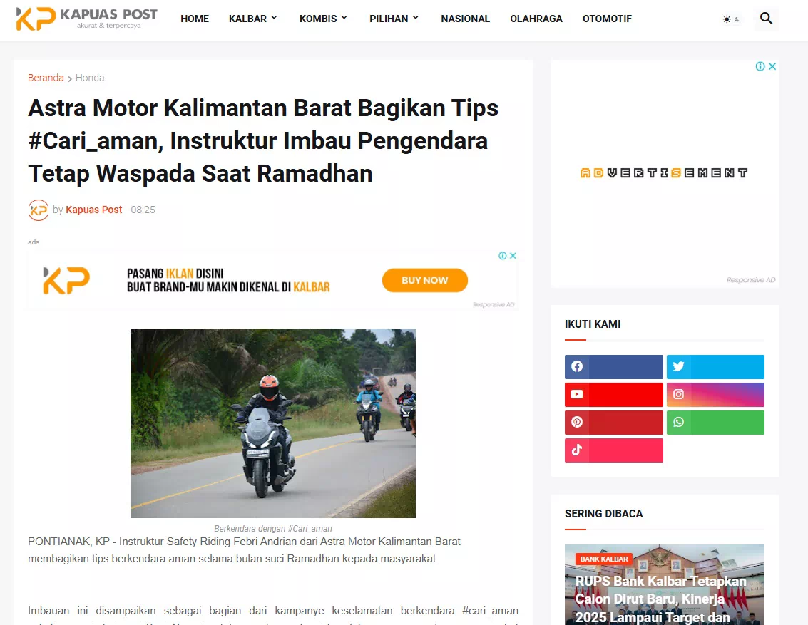 Astra Motor Kalimantan Barat Bagikan Tips #Cari_aman, Instruktur Imbau Pengendara Tetap Waspada Saat Ramadhan