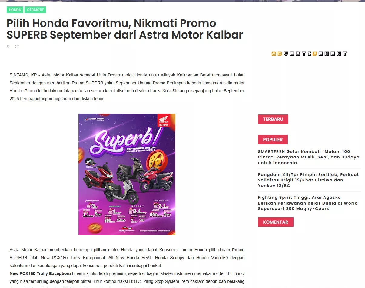 Pilih Honda Favoritmu, Nikmati Promo SUPERB September dari Astra Motor Kalbar