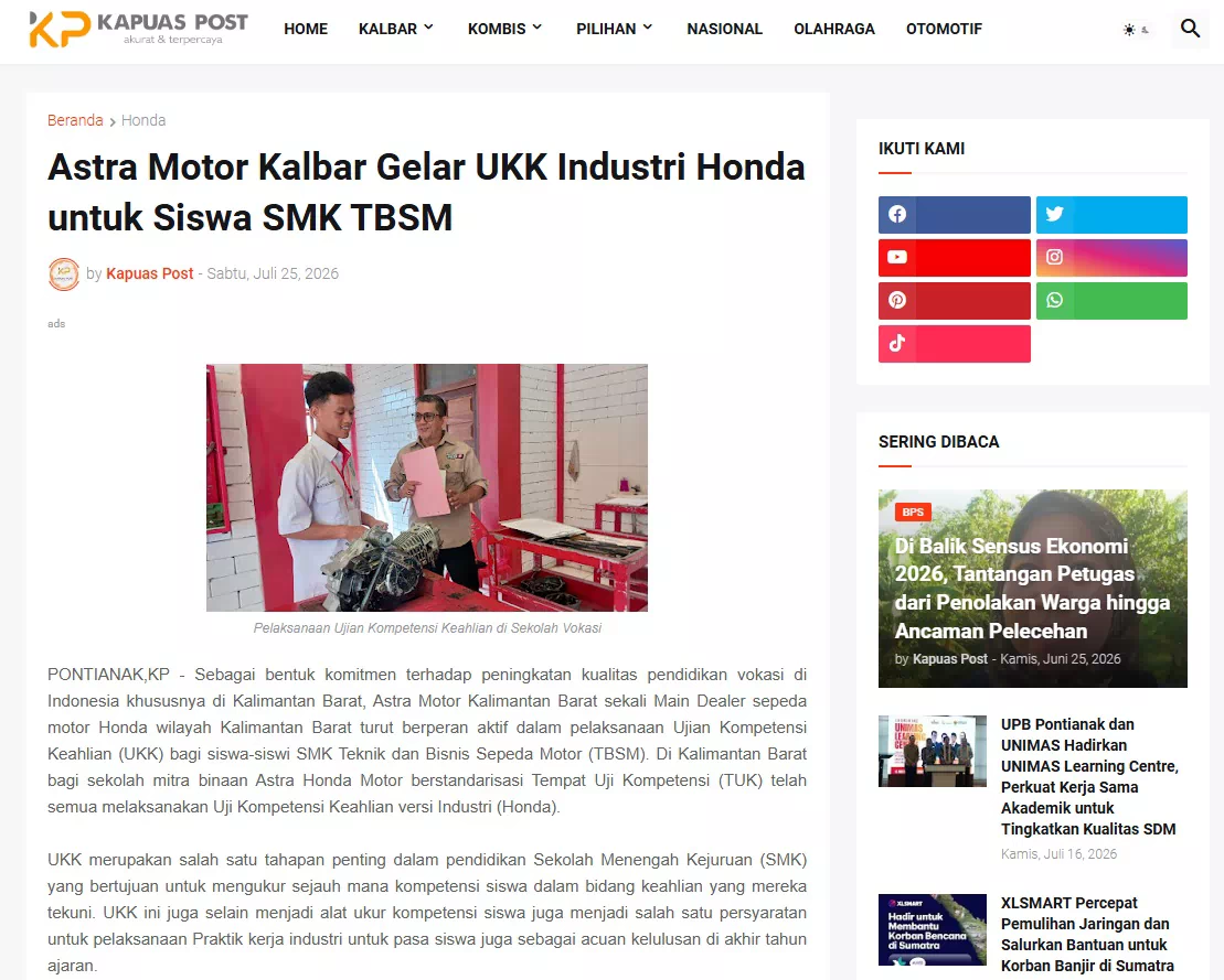 Astra Motor Kalbar Gelar UKK Industri Honda untuk Siswa SMK TBSM