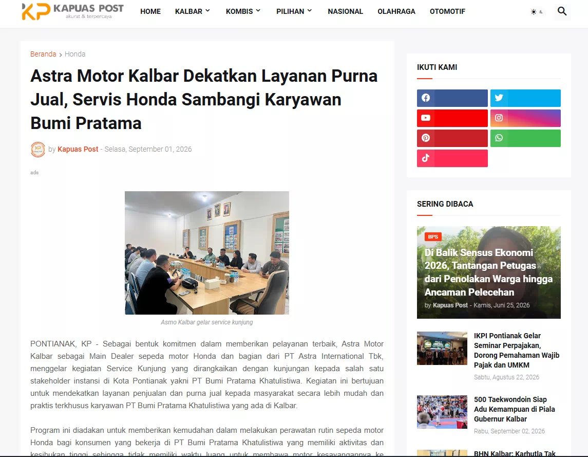 Astra Motor Kalbar Dekatkan Layanan Purna Jual, Servis Honda Sambangi Karyawan Bumi Pratama