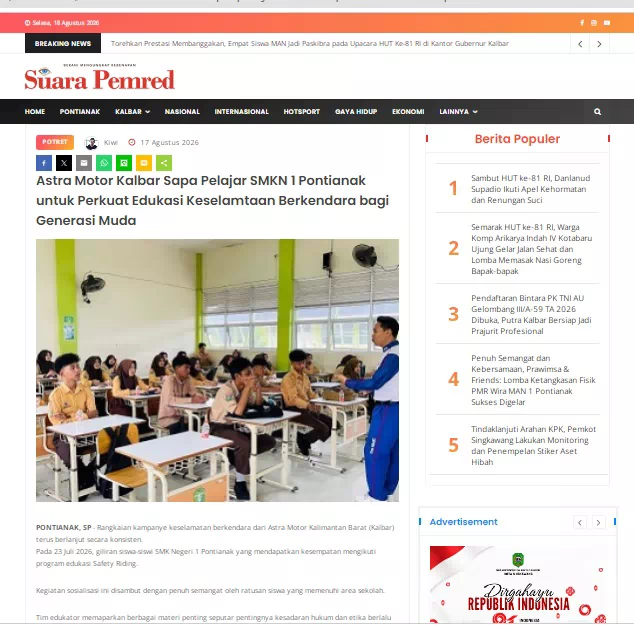 Astra Motor Kalbar Sapa Pelajar SMKN 1 Pontianak untuk Perkuat Edukasi Keselamtaan Berkendara bagi Generasi Muda