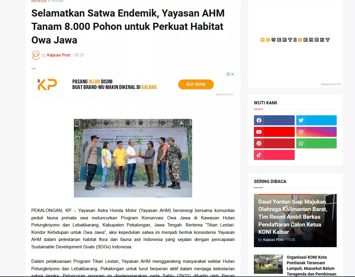 Selamatkan Satwa Endemik, Yayasan AHM Tanam 8.000 Pohon untuk Perkuat Habitat Owa Jawa
