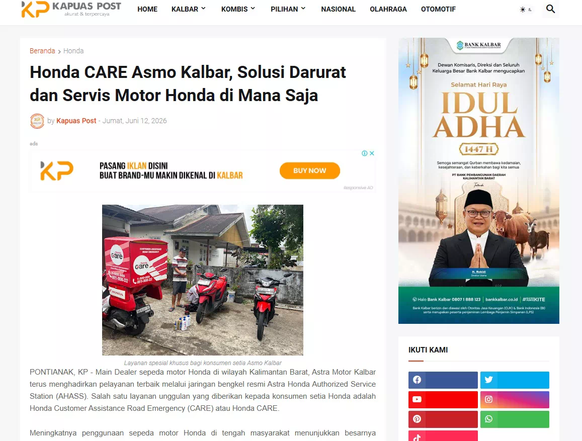 Honda CARE Asmo Kalbar, Solusi Darurat dan Servis Motor Honda di Mana Saja