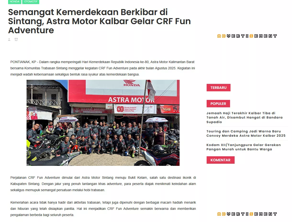 Semangat Kemerdekaan Berkibar di Sintang, Astra Motor Kalbar Gelar CRF Fun Adventure