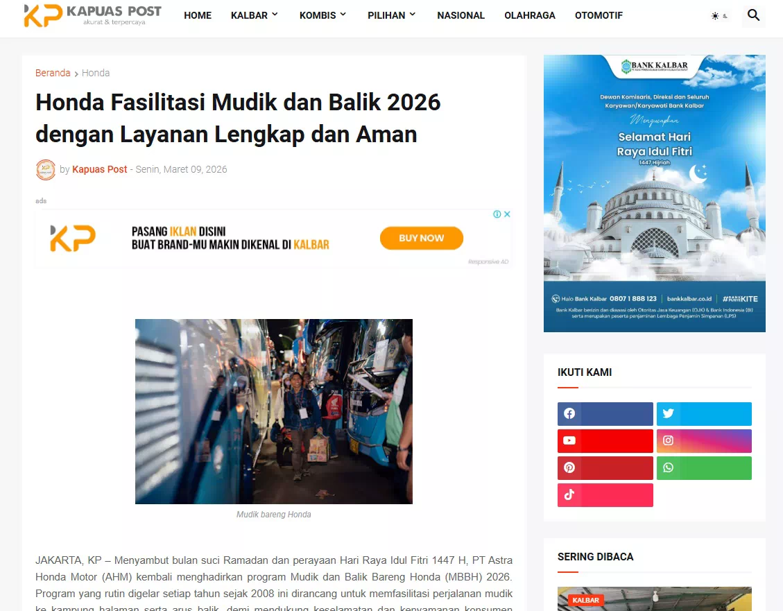 Honda Fasilitasi Mudik dan Balik 2026 dengan Layanan Lengkap dan Aman