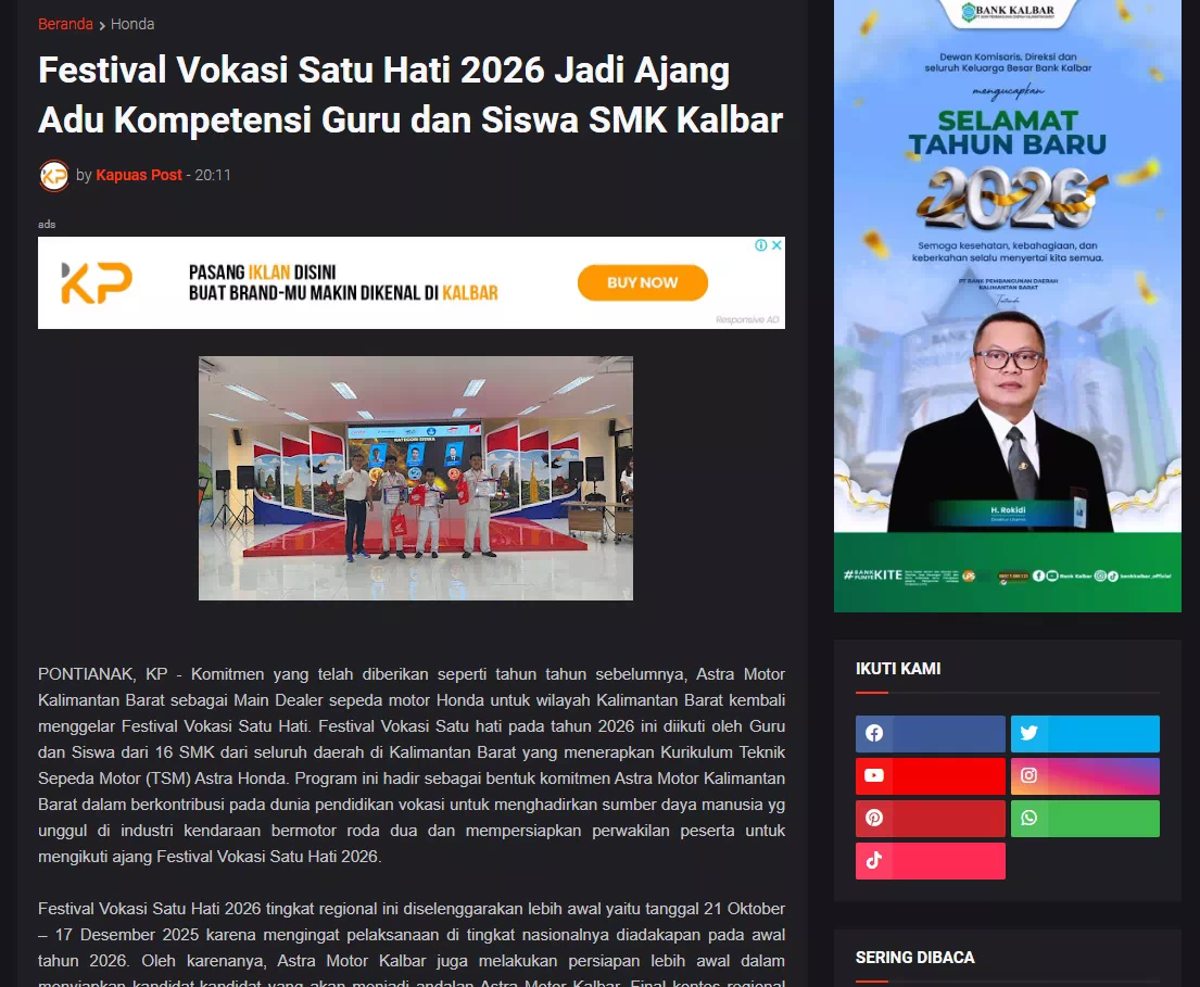 Festival Vokasi Satu Hati 2026 Jadi Ajang Adu Kompetensi Guru dan Siswa SMK Kalbar