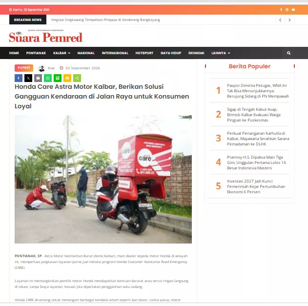 Honda Care Astra Motor Kalbar, Berikan Solusi Gangguan Kendaraan di Jalan Raya untuk Konsumen Loyal