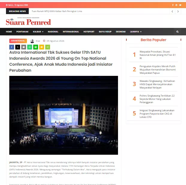 Astra International Tbk Sukses Gelar 17th SATU Indonesia Awards 2026 di Young On Top National Conference, Ajak Anak Muda Indonesia jadi Inisiator Perubahan
