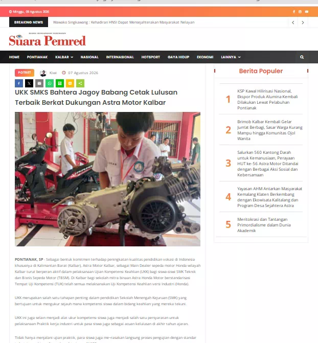UKK SMKS Bahtera Jagoy Babang Cetak Lulusan Terbaik Berkat Dukungan Astra Motor Kalbar