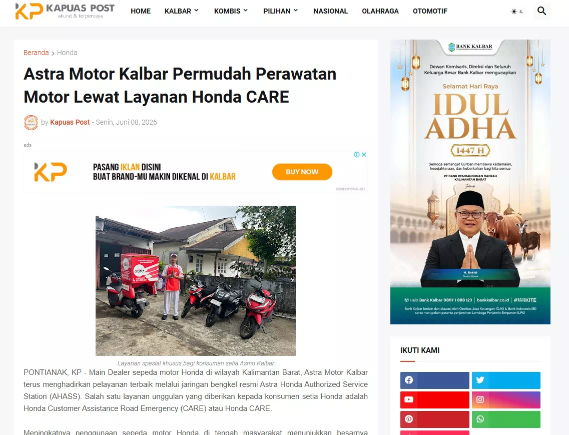 Astra Motor Kalbar Permudah Perawatan Motor Lewat Layanan Honda CARE