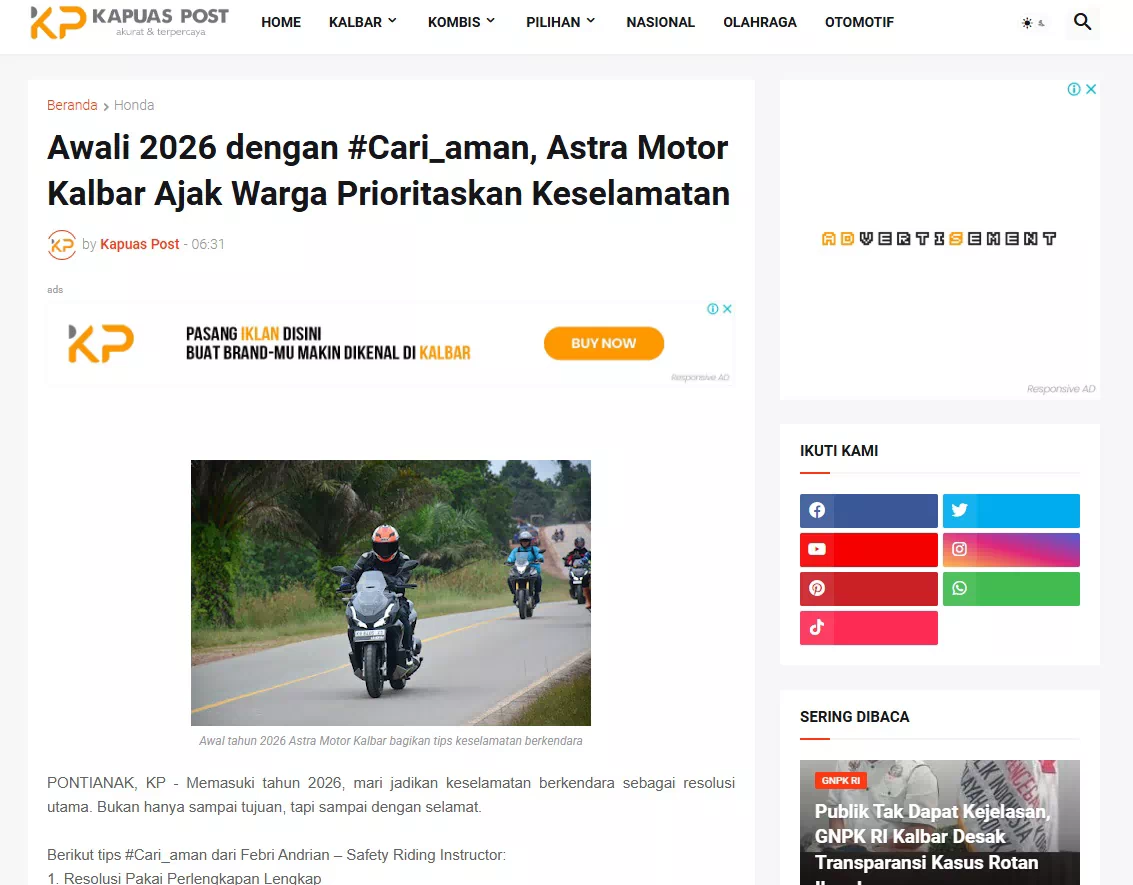 Awali 2026 dengan #Cari_aman, Astra Motor Kalbar Ajak Warga Prioritaskan Keselamatan