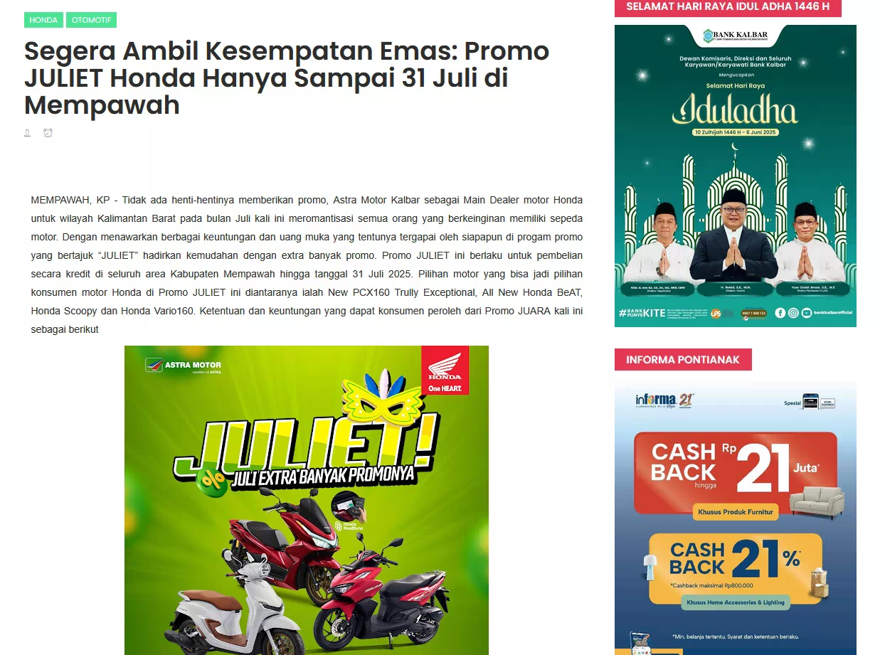 Segera Ambil Kesempatan Emas: Promo JULIET Honda Hanya Sampai 31 Juli di Mempawah