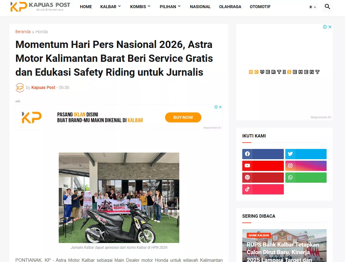 Momentum Hari Pers Nasional 2026, Astra Motor Kalimantan Barat Beri Service Gratis dan Edukasi Safety Riding untuk Jurnalis