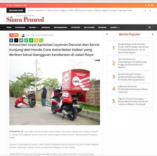 Konsumen Loyal Apresiasi Layanan Darurat dan Servis Kunjung dari Honda Care Astra Motor Kalbar yang Berikan Solusi Gangguan Kendaraan di Jalan Raya