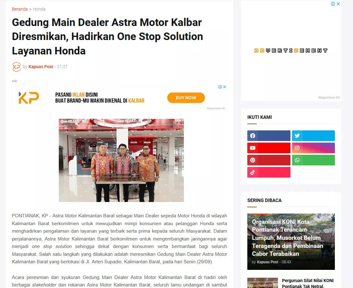 Gedung Main Dealer Astra Motor Kalbar Diresmikan, Hadirkan One Stop Solution Layanan Honda
