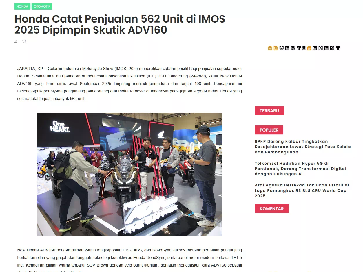 Honda Catat Penjualan 562 Unit di IMOS 2025 Dipimpin Skutik ADV160