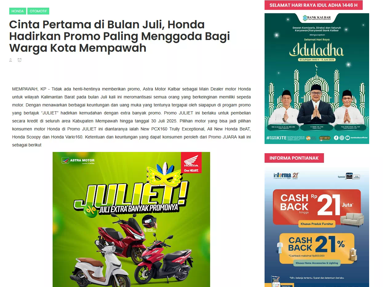 Cinta Pertama di Bulan Juli, Honda Hadirkan Promo Paling Menggoda Bagi Warga Kota Mempawah