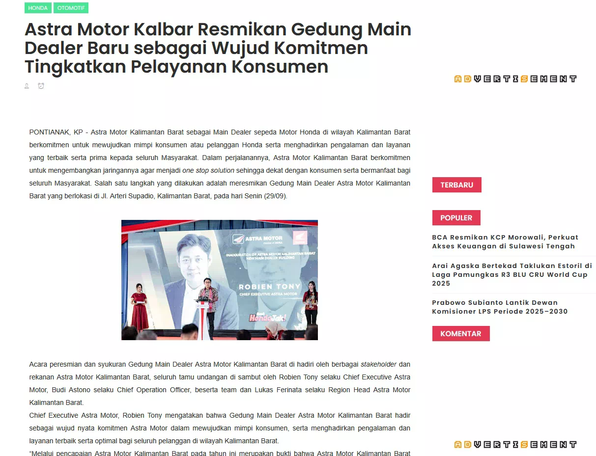 Astra Motor Kalbar Resmikan Gedung Main Dealer Baru sebagai Wujud Komitmen Tingkatkan Pelayanan Konsumen