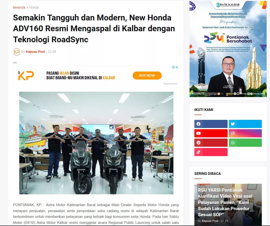 Semakin Tangguh dan Modern, New Honda ADV160 Resmi Mengaspal di Kalbar dengan Teknologi RoadSync