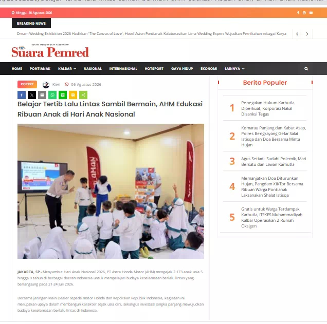 Belajar Tertib Lalu Lintas Sambil Bermain, AHM Edukasi Ribuan Anak di Hari Anak Nasional