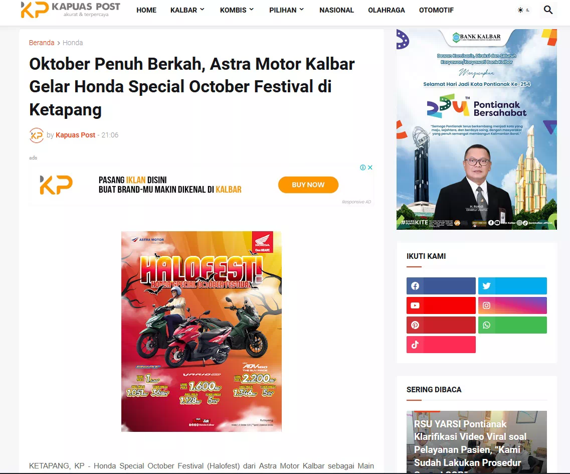 Oktober Penuh Berkah, Astra Motor Kalbar Gelar Honda Special October Festival di Ketapang