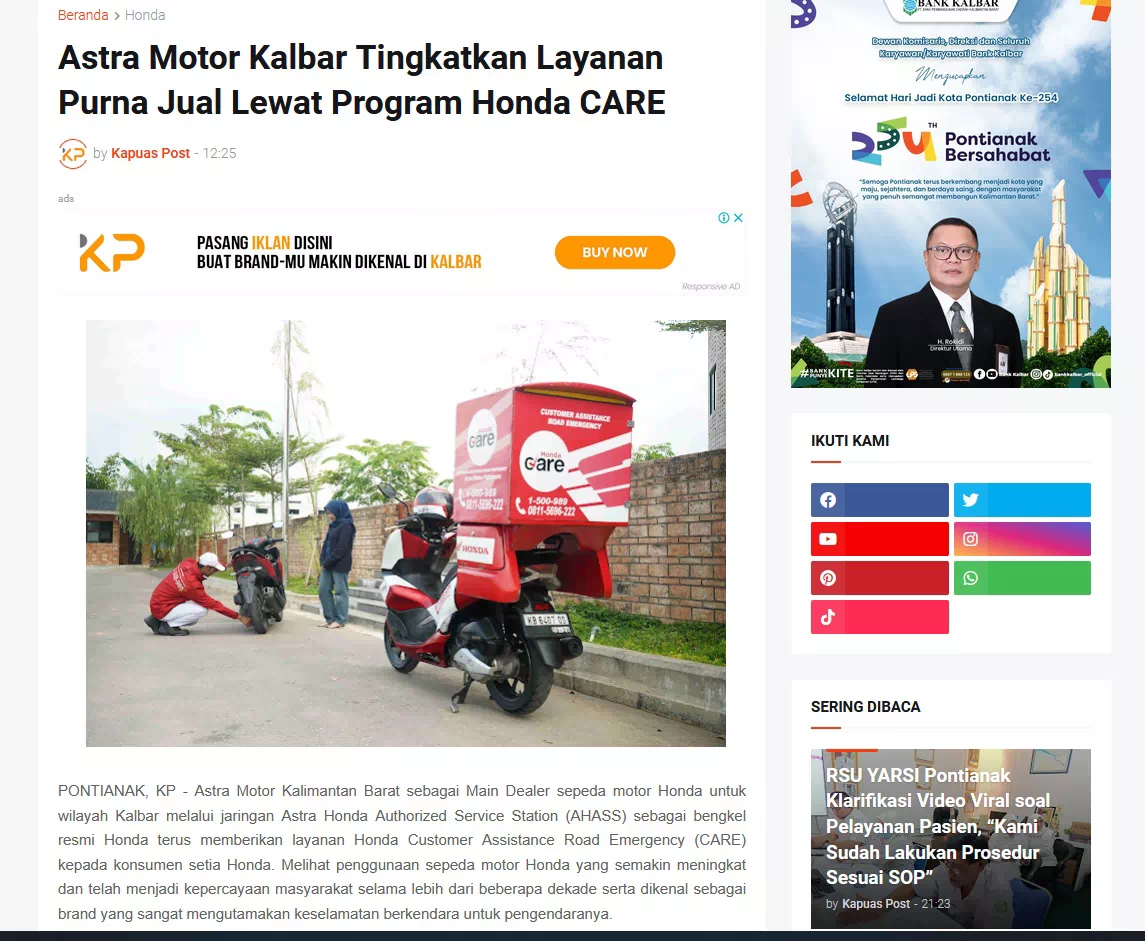 Astra Motor Kalbar Tingkatkan Layanan Purna Jual Lewat Program Honda CARE