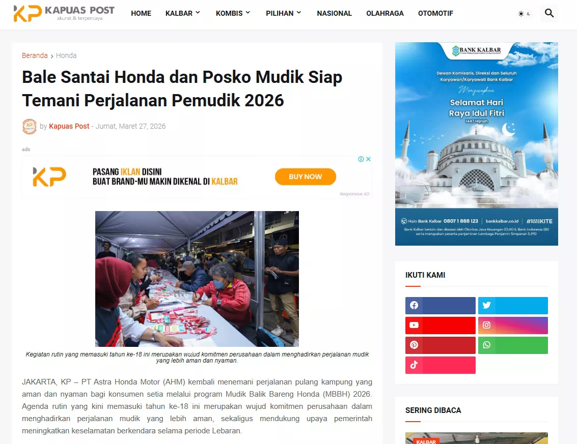 Bale Santai Honda dan Posko Mudik Siap Temani Perjalanan Pemudik 2026