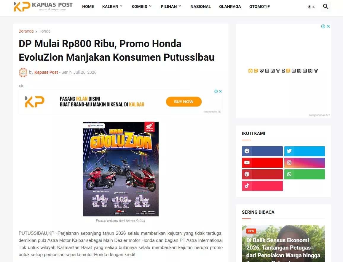 DP Mulai Rp800 Ribu, Promo Honda EvoluZion Manjakan Konsumen Putussibau