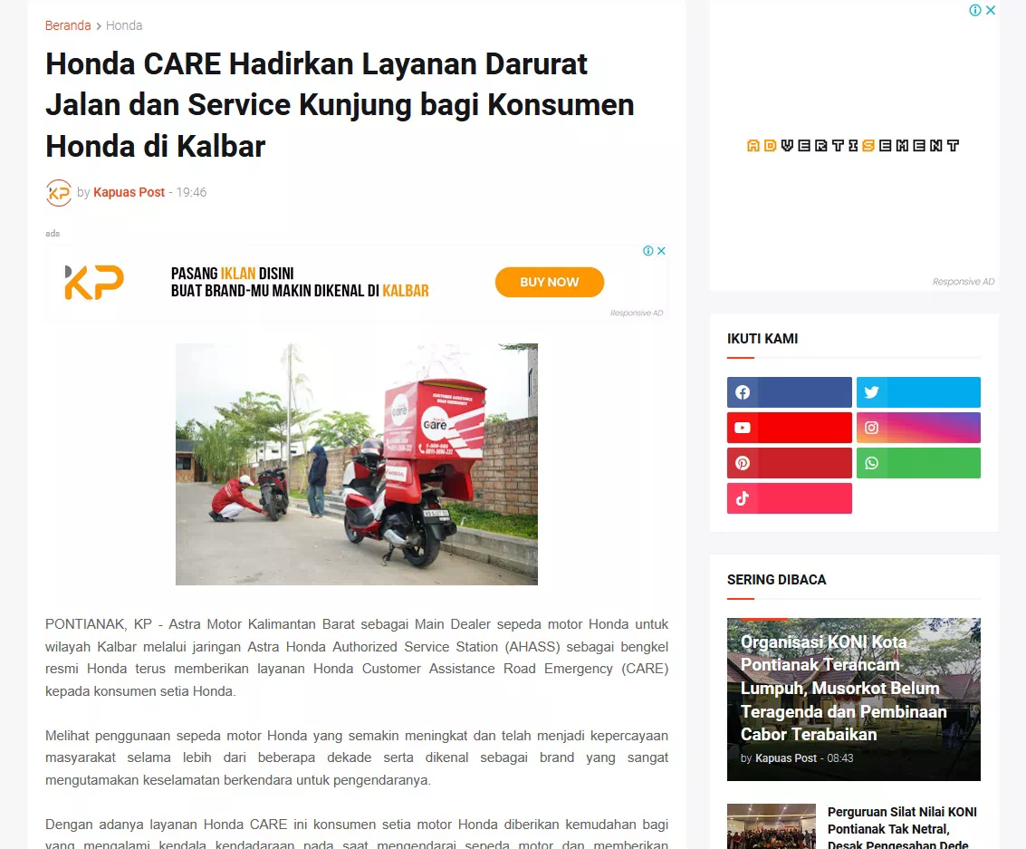 Honda CARE Hadirkan Layanan Darurat Jalan dan Service Kunjung bagi Konsumen Honda di Kalbar