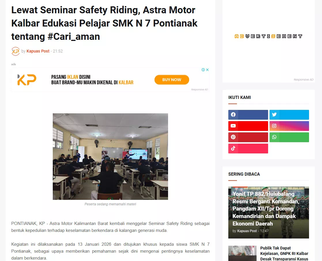 Lewat Seminar Safety Riding, Astra Motor Kalbar Edukasi Pelajar SMK N 7 Pontianak tentang #Cari_aman