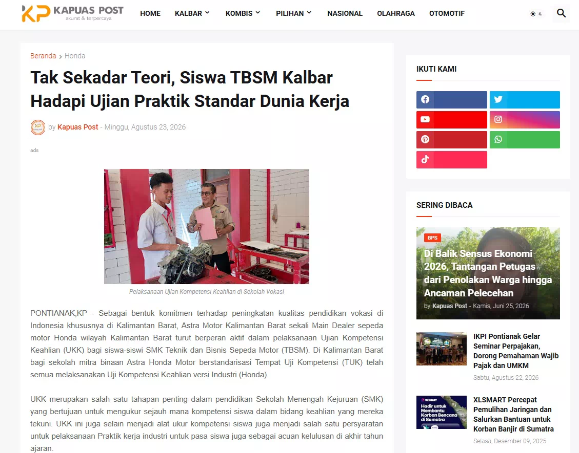 Tak Sekadar Teori, Siswa TBSM Kalbar Hadapi Ujian Praktik Standar Dunia Kerja