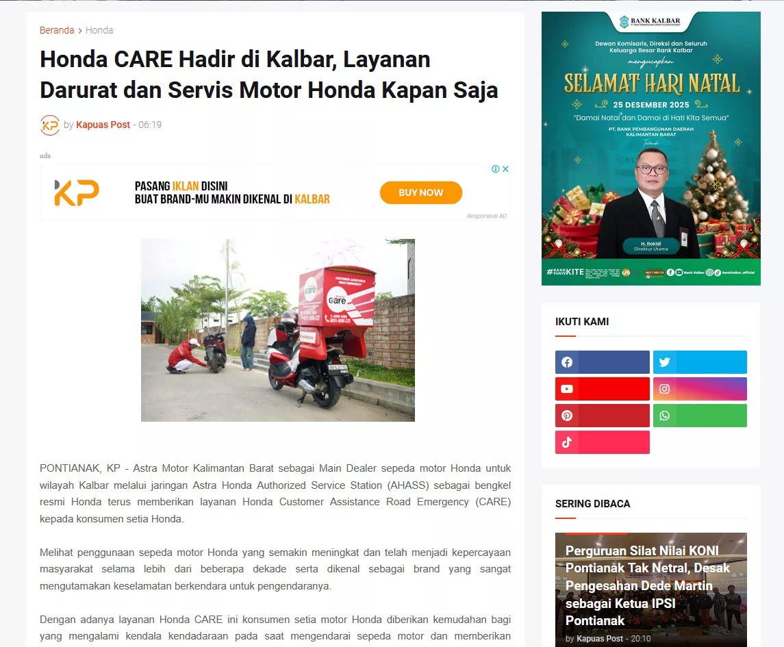 Honda CARE Hadir di Kalbar, Layanan Darurat dan Servis Motor Honda Kapan Saja