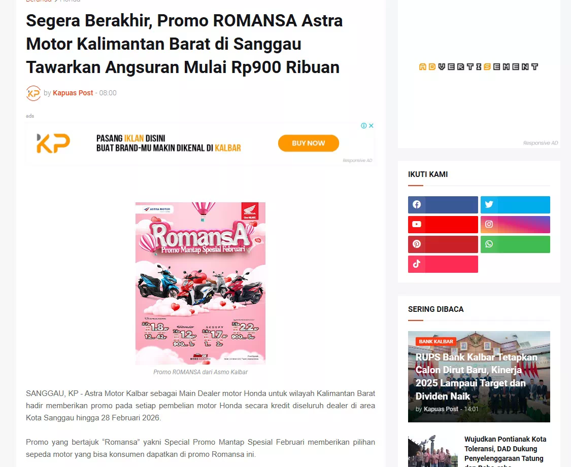 Segera Berakhir, Promo ROMANSA Astra Motor Kalimantan Barat di Sanggau Tawarkan Angsuran Mulai Rp900 Ribuan