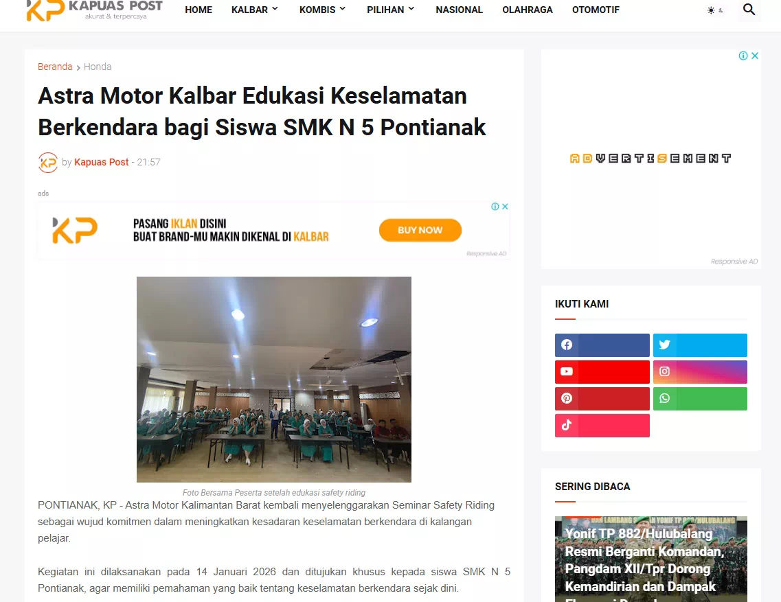 Astra Motor Kalbar Edukasi Keselamatan Berkendara bagi Siswa SMK N 5 Pontianak