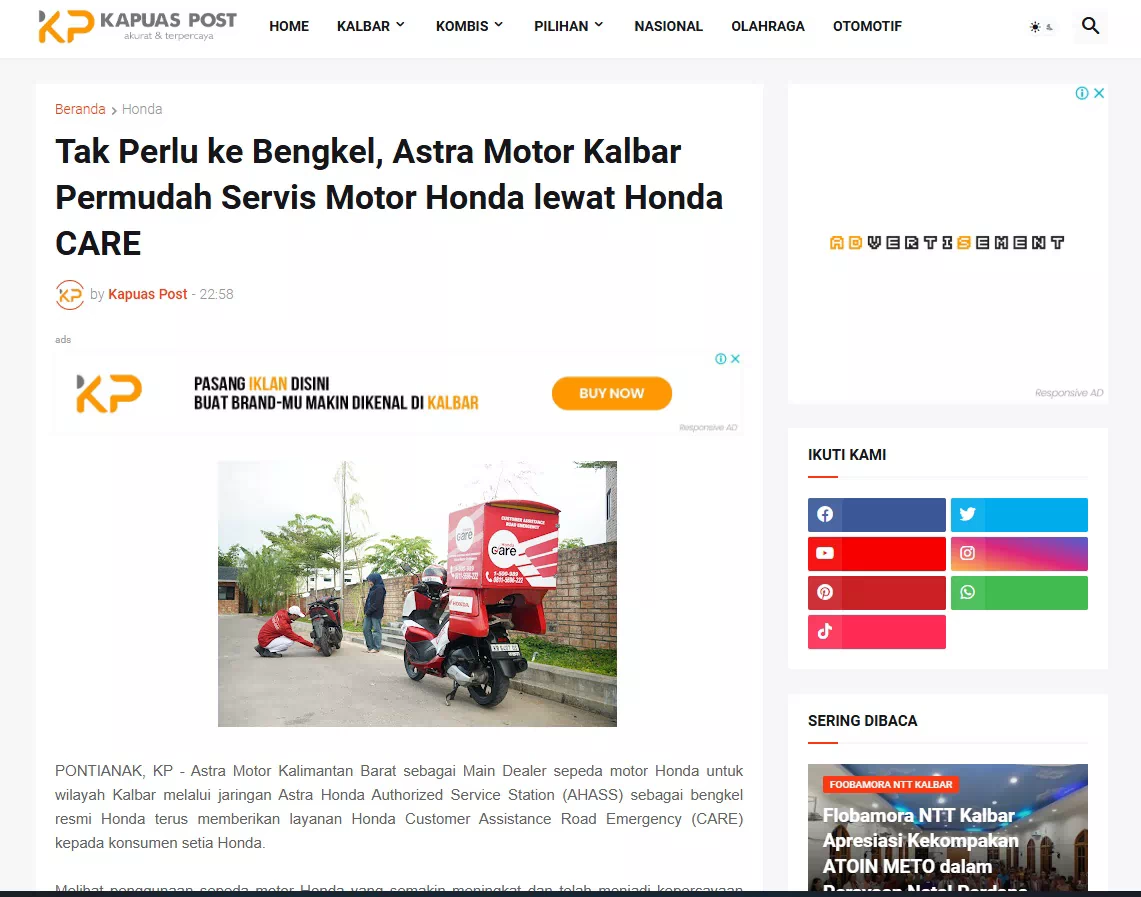 Tak Perlu ke Bengkel, Astra Motor Kalbar Permudah Servis Motor Honda lewat Honda CARE