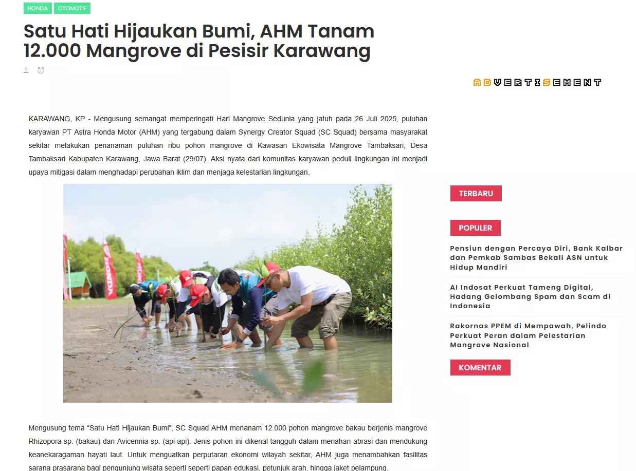 Satu Hati Hijaukan Bumi, AHM Tanam 12.000 Mangrove di Pesisir Karawang