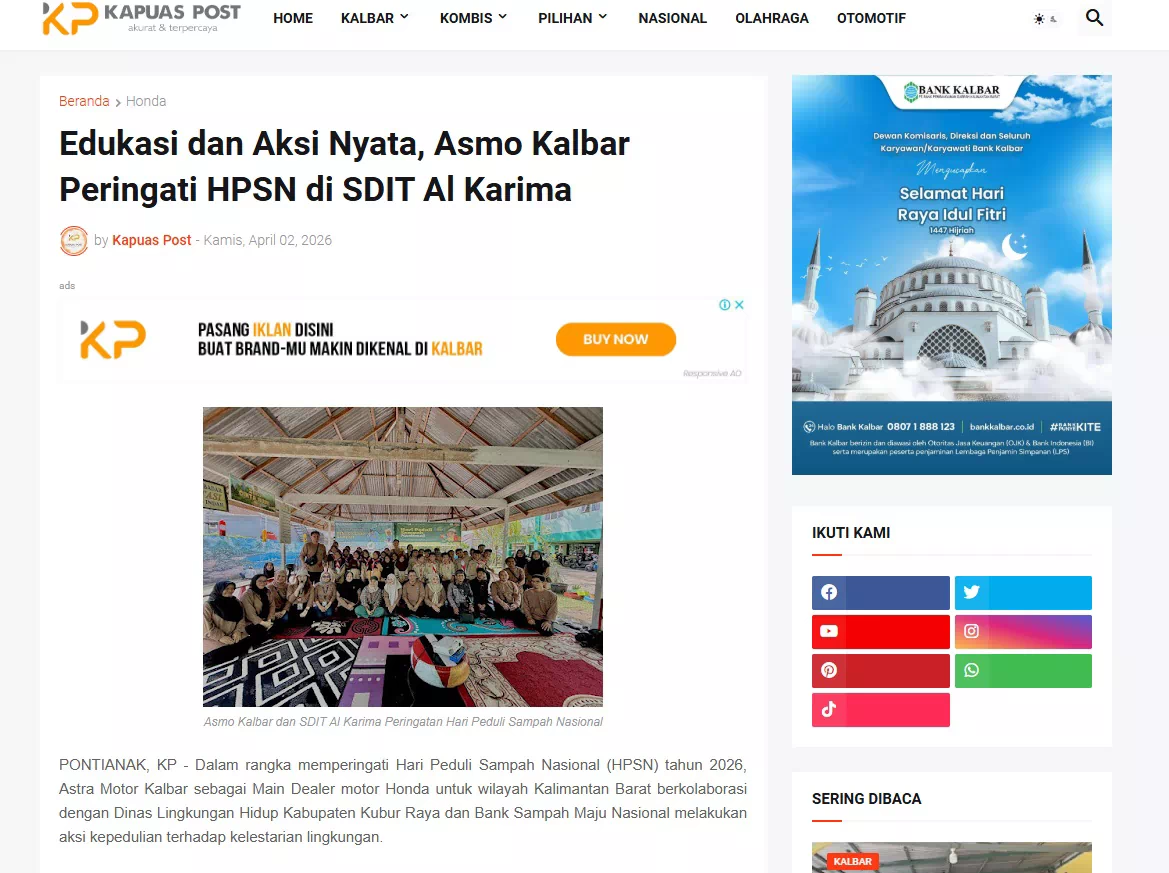Edukasi dan Aksi Nyata, Asmo Kalbar Peringati HPSN di SDIT Al Karima