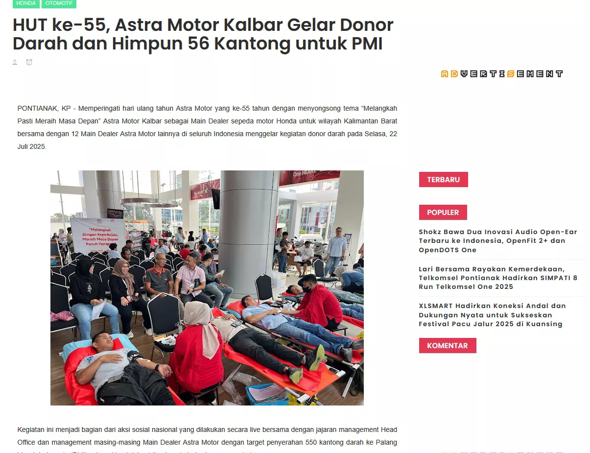 HUT ke-55, Astra Motor Kalbar Gelar Donor Darah dan Himpun 56 Kantong untuk PMI