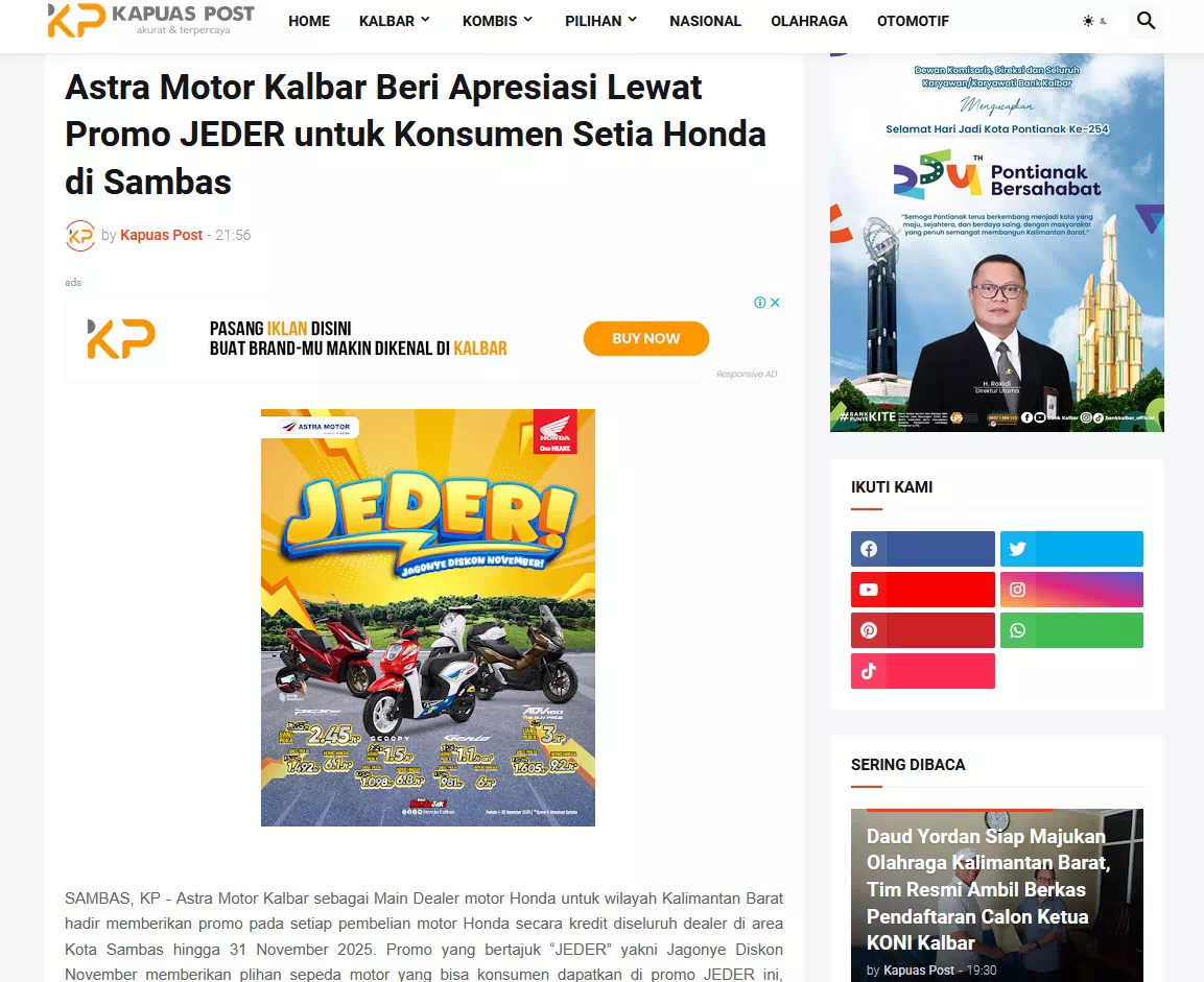 Astra Motor Kalbar Beri Apresiasi Lewat Promo JEDER untuk Konsumen Setia Honda di Sambas