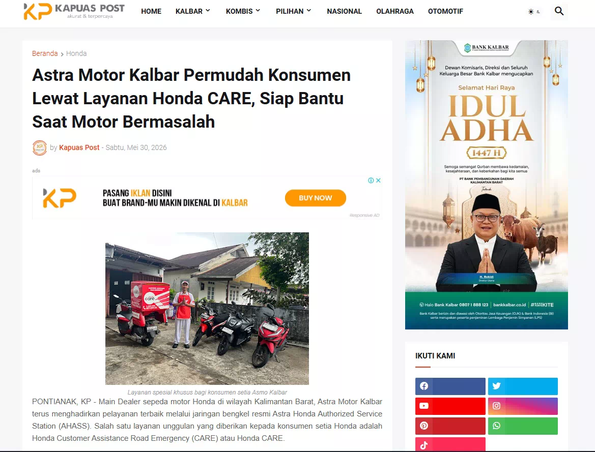 Astra Motor Kalbar Permudah Konsumen Lewat Layanan Honda CARE, Siap Bantu Saat Motor Bermasalah