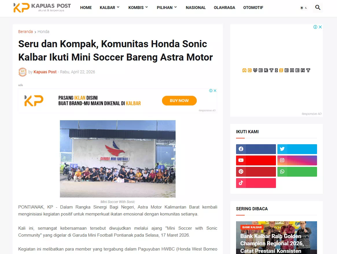 Seru dan Kompak, Komunitas Honda Sonic Kalbar Ikuti Mini Soccer Bareng Astra Motor