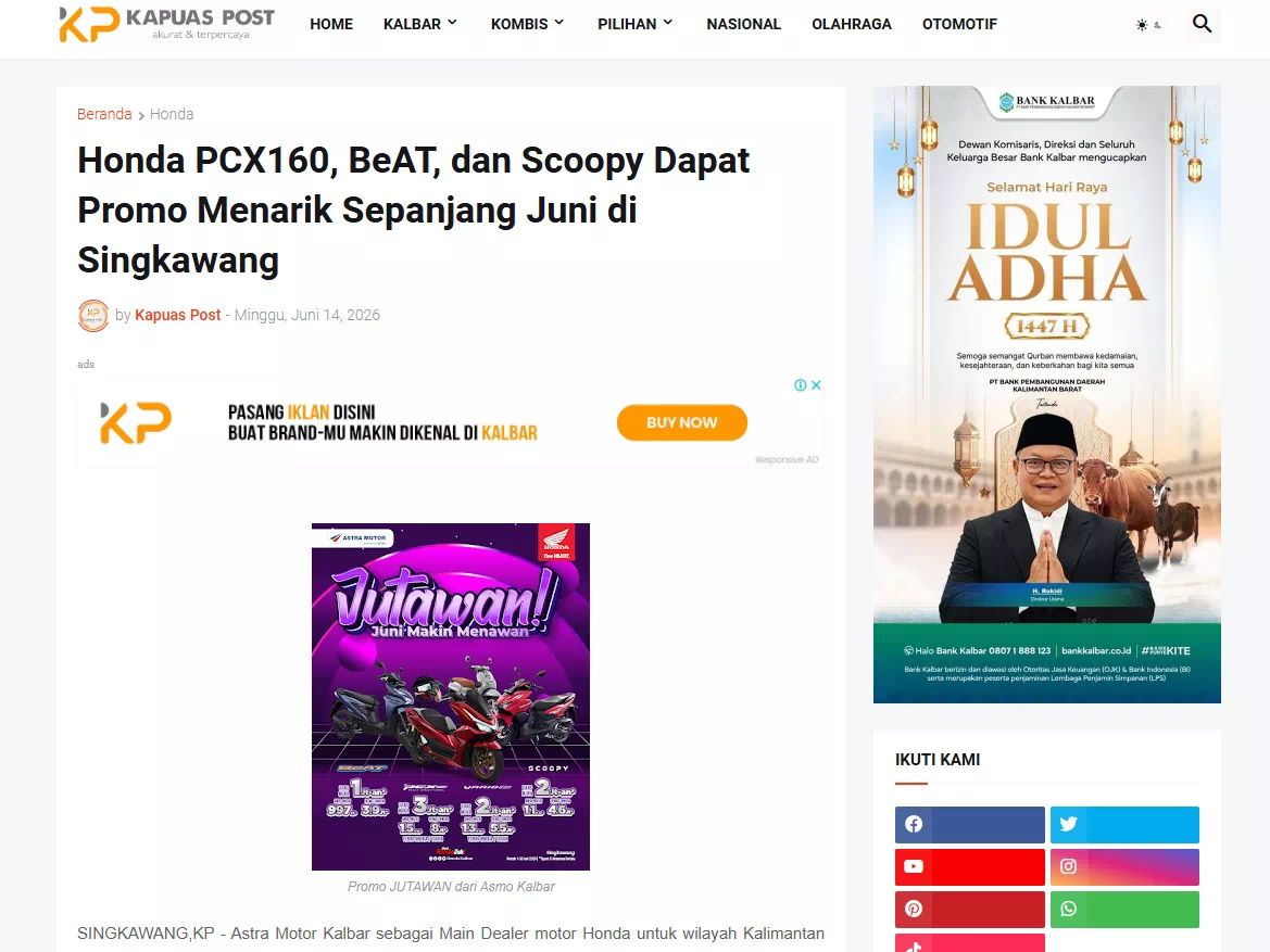 Honda PCX160, BeAT, dan Scoopy Dapat Promo Menarik Sepanjang Juni di Singkawang