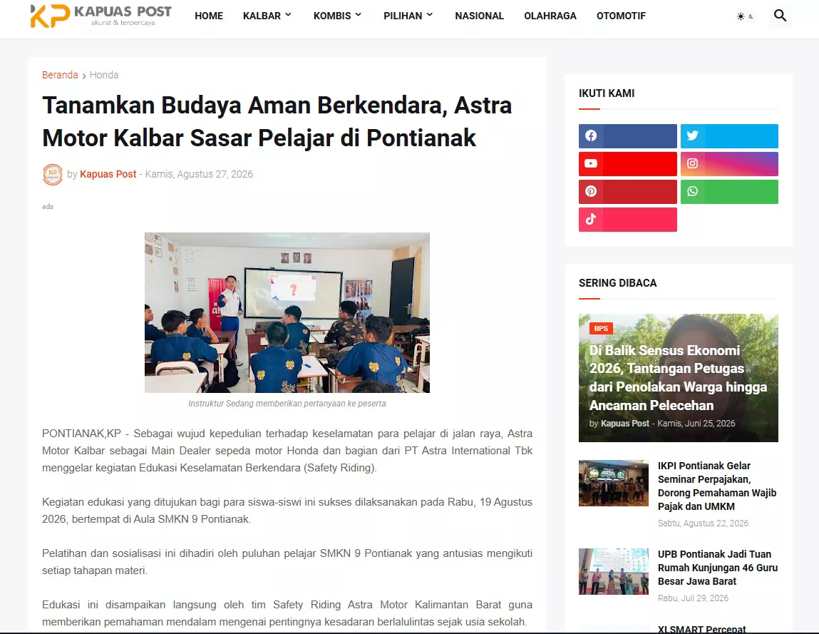 Tanamkan Budaya Aman Berkendara, Astra Motor Kalbar Sasar Pelajar di Pontianak