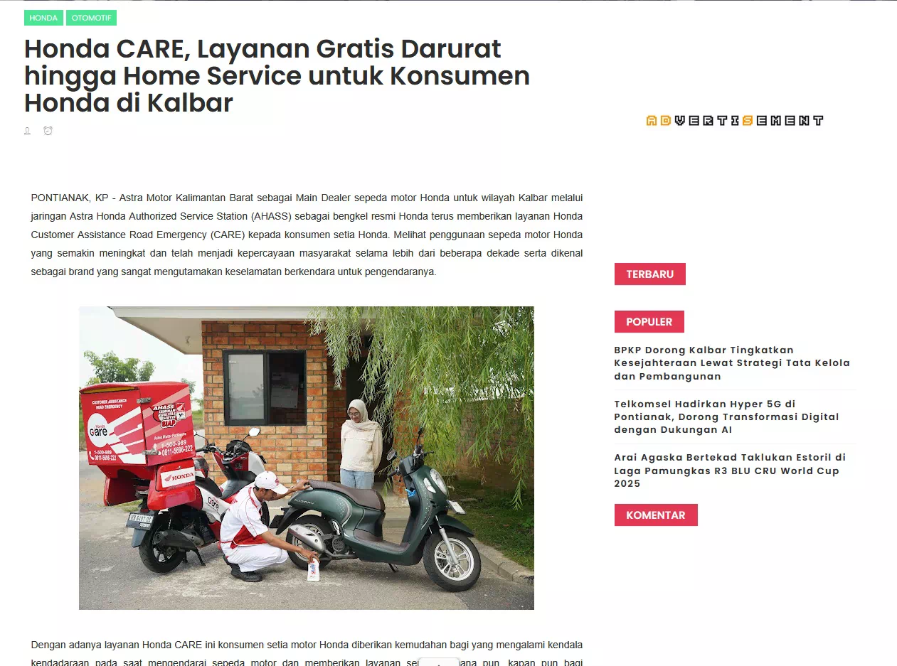 Honda CARE, Layanan Gratis Darurat hingga Home Service untuk Konsumen Honda di Kalbar